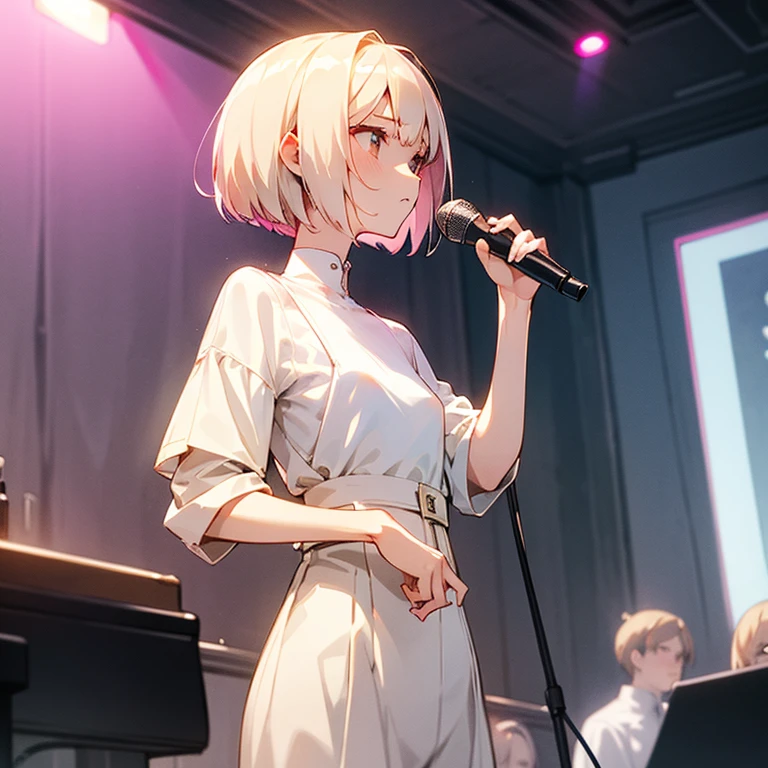 beautiful girl、Slender and delicate、small breasts、cool girl、live house、Live Scene、band vocalist、high layer cut、short bob、Cream-colored hair with a slight pink tint、Casual and boyish fashion、Oversized Fashion、