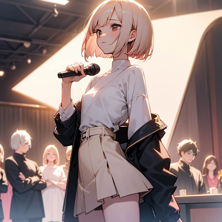 beautiful girl、Slender and delicate、small breasts、cool girl、live house、Live Scene、band vocalist、high layer cut、short bob、Cream-colored hair with a slight pink tint、Casual and boyish fashion、Oversized Fashion、