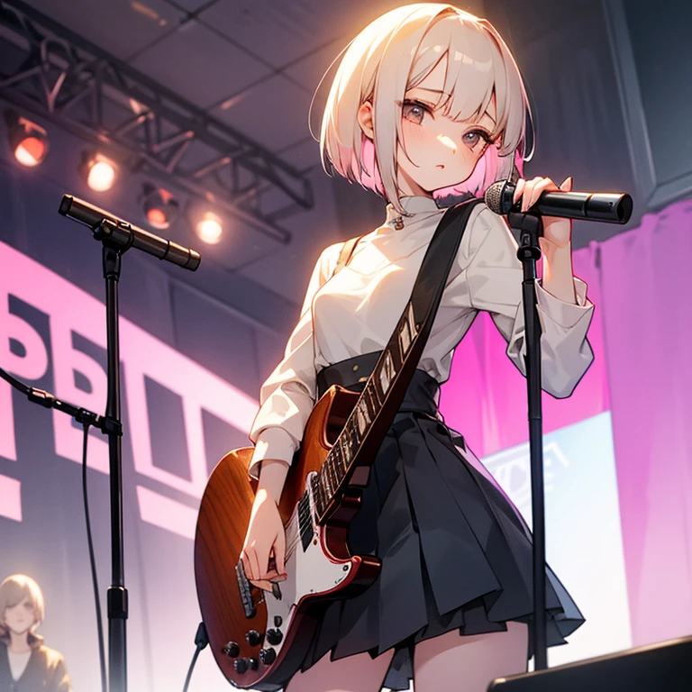 beautiful girl、Slender and delicate、small breasts、cool girl、live house、Live Scene、band vocalist、high layer cut、rock band、short bob、Cream-colored hair with a slight pink tint、Casual and boyish fashion、Oversized Fashion、