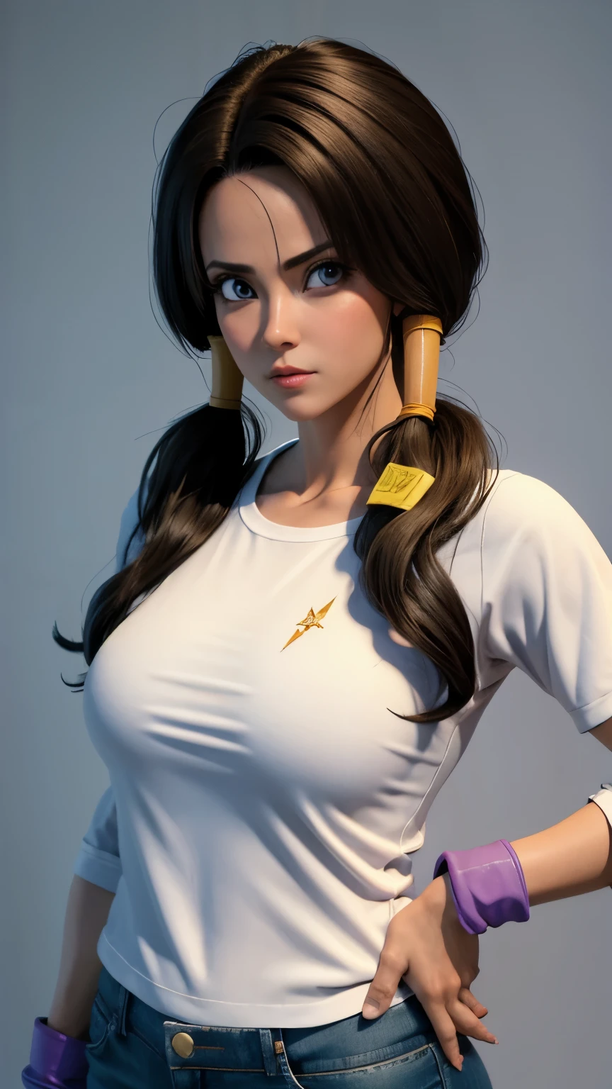 (( 1 mujer sola)), ((camisa blanca)), Hay una 1 mujer con camisa blanca y guantes , chell, chell del portal, videl, cosplay realista, videl , anime hiperrealista, anime 3d realista, videl, cuerpo perfecto fotorrealista, muscular sweat, ((guantes)),