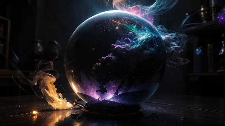 Masterpiece, beautiful ultra-realistic photo-illustratuon of a sinister magical orb in a wizard workshop!!!, mystical colorful smoke, volumetric lighting, glowing, glitters, storm, reflection, transparency, gothic, intricate details, nebula inside