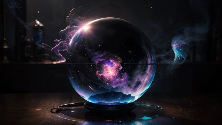 Masterpiece, beautiful ultra-realistic photo-illustratuon of a sinister magical orb in a wizard workshop!!!, mystical colorful smoke, volumetric lighting, glowing, glitters, storm, reflection, transparency, gothic, intricate details, nebula inside