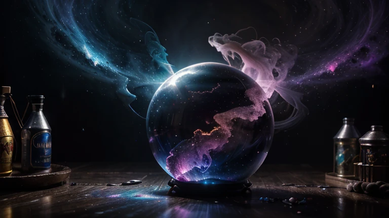 Masterpiece, beautiful ultra-realistic photo-illustratuon of a sinister magical orb in a wizard workshop!!!, mystical colorful smoke, volumetric lighting, glowing, glitters, storm, reflection, transparency, gothic, intricate details, nebula inside