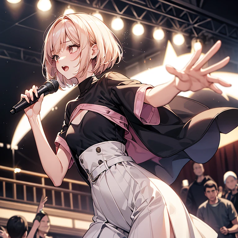 beautiful girl、Lively look、Man wins、cool、boyish、enthusiastic singing、Slender and delicate、small breasts、cool girl、live house、Live Scene、band vocalist、high layer cut、short bob、Cream-colored hair with a slight pink tint、Black clothing、casual fashion、boyishなファッション、Oversized Fashion、
