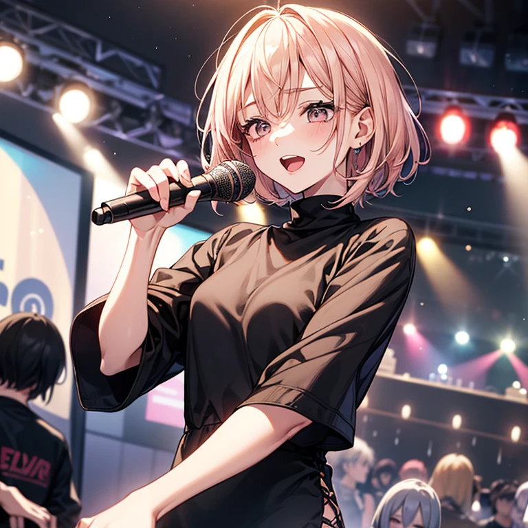 beautiful girl、Lively look、Man wins、cool、boyish、enthusiastic singing、Slender and delicate、small breasts、cool girl、live house、Live Scene、band vocalist、high layer cut、short bob、Cream-colored hair with a slight pink tint、Black clothing、casual fashion、boyishなファッション、Oversized Fashion、