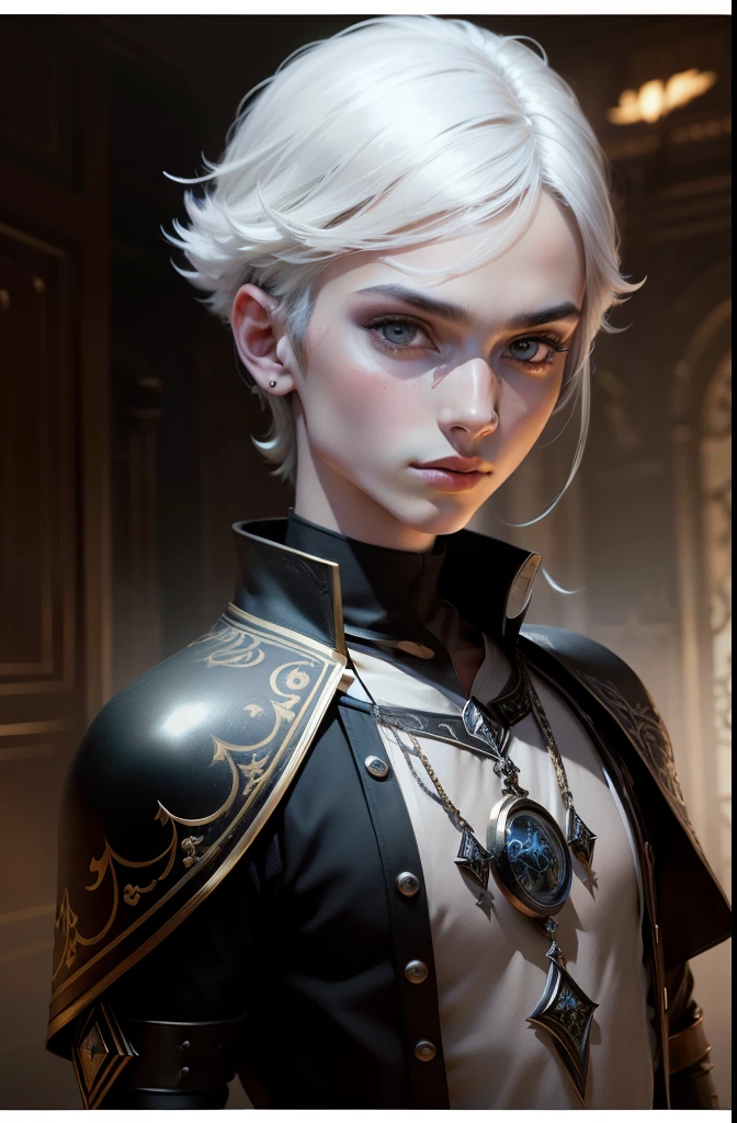 Androgynous boy wearing a black tunic, Incarnation of a Deity related to the moon, joias de pedra roxa, arte assombrosamente bela, Corujas, RPG, fantasia, cabelo comprido platinado, Estilo anime, perfect lips, pele de porcelana, HDR, Ultra HD,  Mil, studio lighting, realista, hiper-realista, symmetrical face, motor irreal, Bokeh, High-resolution scanning