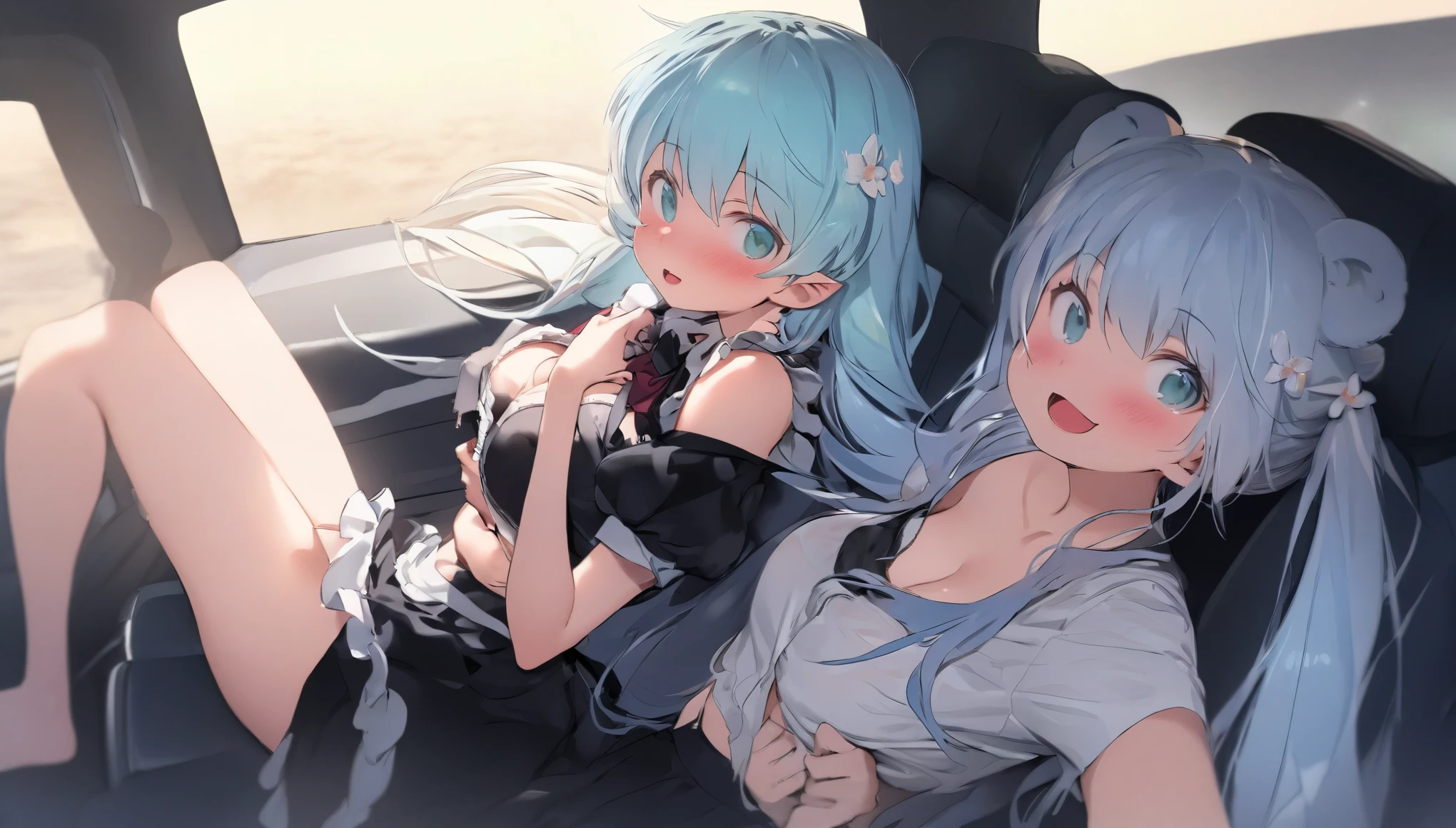 (yuri, yuri sex, nsfw), (curvy, Slender), (breast press), symmetrical_docking, 4girls, 1girl, Izumi Sagiri, eromanga sensei_1girl, Senju Muramasa, eromanga sensei_1girl, yamada elf, eromanga sensei, docking, hold own breasts, (large breasts), (cleavage, Sideboob, Underboob), (Torn naked towel, (see-through naked towel, Sticky Naked Towel)) , black thigh highs, Highest quality, Super detailed, masterpiece, Ultra-high resolution, 8k,