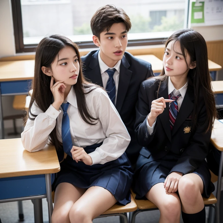 (1 man:1.8),The man is teacher,man is 50 year old,(man is smile:1.2),many is black shirt,(man show briefs:1.4),(the man is fullnude:1.2),2 girls,group,A good friend, office, sitting office chair, 15 year old, (Small breasts:1.3),(skinny:1.2),AKB48,nogizaka46,(navy blue blazer,white blouse,checked mini skirt,red ribbon,high school uniform:1.1),smile,beautiful girl,highest quality,High resolution,be familiar with,perfect anatomy,beautiful and fine eyes,(school:1.3),(classroom:1.5),(many student:2.0), Chair,Desk,laptop,(short ponytails:1.2),(black tights:1.2),(smile:1.2),(open legs:1.3),(cowboyshot:1.6),Young beauty spirit ,bsp,(full-face blush:1.5),(smile:1.2),anguish,(public indecency:1.0),(cry:1.2),(I'm on the phone:1.5),(front view:1.0),(Calling on smartphone:1.8),(hold a smartphone in hand:1.9),(handjob:1.5),(girl is fullnude:1.8),(show pussy:1.4),(skirt lift:1.4),
