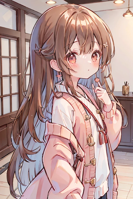 (masutepiece、8K、Masterpiece、Best Quality)、((half up、))cookie hairpin、Brown eyes、Brown hair、Long、fluffy hair、red claw、apple earrings、Delicate eyes、Brown outerwear、Light brown sweater、((((The upper part of the body))))Viewer's Perspective、profile、body side