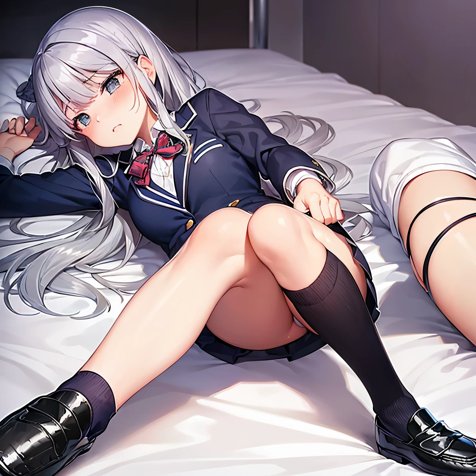 (highest quality())classroom,(full body:1.4),looking at the camera,One cute 16 year old girl,(solo),((is wearing school Costumes,blazer,silver hair,Loafer:1.7)),tears,cry, face,white socks,twin tails,blush, tearsを流している,(forced orgasm:1.2),(trembling:1.9), (arms up:1.4),(lying on bed:1.3)