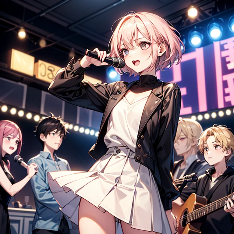 beautiful girl、Lively look、Man wins、cool、boyish、enthusiastic singing、Slender and delicate、small breasts、cool girl、live house、Live Scene、band vocalist、high layer cut、short bob、Cream-colored hair with a slight pink tint、Black clothing、casual fashion、boyishなファッション、Oversized Fashion、