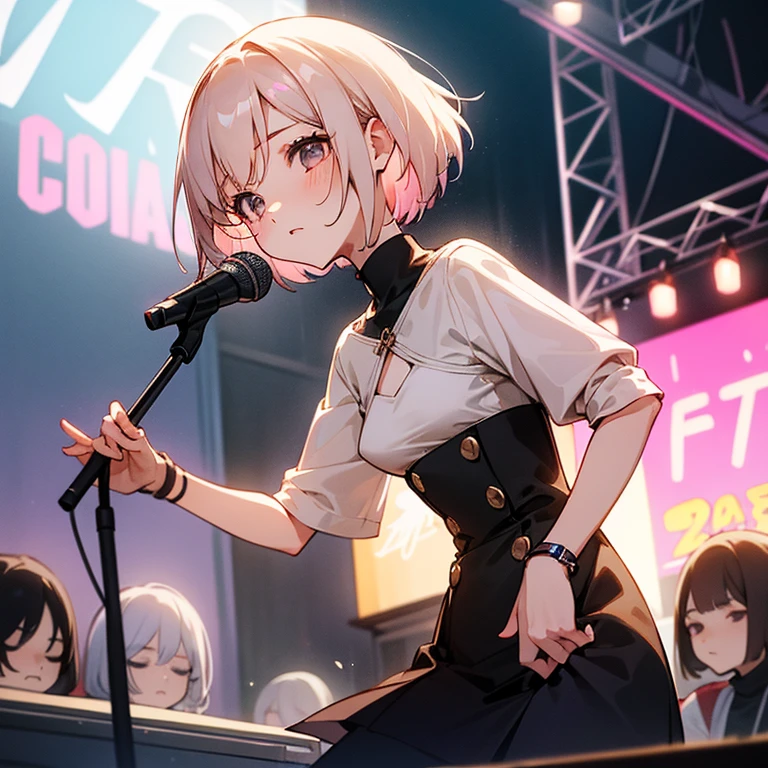 beautiful girl、Lively look、Slender and delicate、small breasts、cool girl、live house、Live Scene、band vocalist、high layer cut、rock band、short bob、Cream-colored hair with a slight pink tint、Casual and boyish fashion、Oversized Fashion、