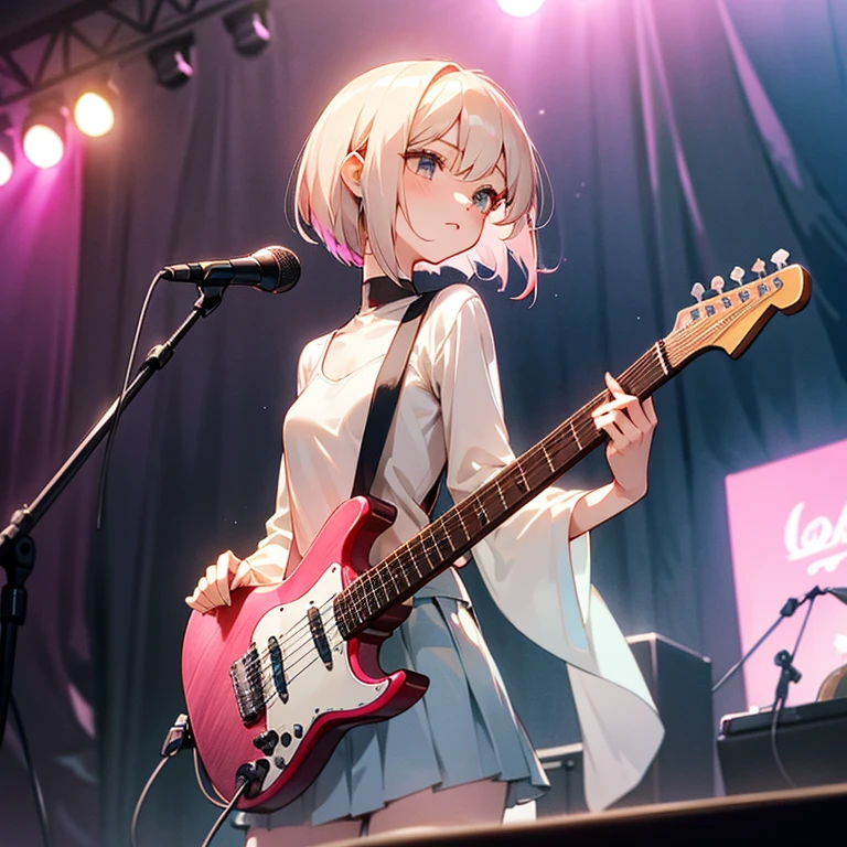 beautiful girl、Lively look、Slender and delicate、small breasts、cool girl、live house、Live Scene、band vocalist、high layer cut、rock band、short bob、Cream-colored hair with a slight pink tint、Casual and boyish fashion、Oversized Fashion、