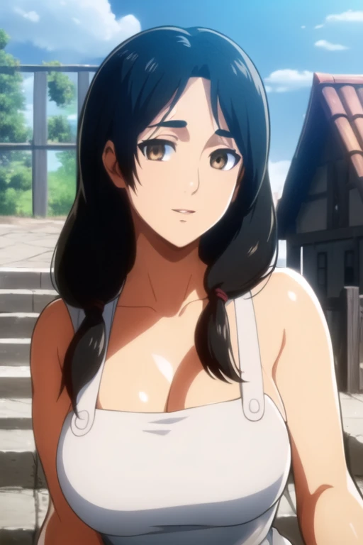 (day:1.7), a city with a lot of buildings and a sky background with clouds in the background and a blue sky, architecture,
Standing at attention, at the roof,
deep cleavage, collarbone, White apron,bare shoulders, 
black Hair,  brown eyes, Bangs, single braid, 
1 girl, 20yo,Young female,Beautiful Finger,Beautiful long legs,Beautiful body,Beautiful Nose,Beautiful character design, perfect eyes, perfect face,expressive eyes,
looking at viewer, in the center of the image,(Upper_body),(close-Up),(Focus on her face),
official art,extremely detailed CG unity 8k wallpaper, perfect lighting,Colorful, Bright_Front_face_Lighting,shiny skin, 
(masterpiece:1.0),(best_quality:1.0), ultra high res,4K,ultra-detailed,
photography, 8K, HDR, highres, absurdres:1.2, Kodak portra 400, film grain, blurry background, bokeh:1.2, lens flare, (vibrant_color:1.2)
(Beautiful,large_Breasts:1.4), (beautiful_face:1.5),(narrow_waist),