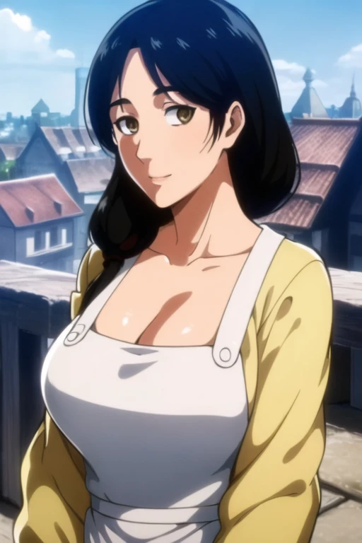 (day:1.7), a city with a lot of buildings and a sky background with clouds in the background and a blue sky, architecture,
Standing at attention, at the roof,
deep cleavage, collarbone, White apron,bare shoulders, 
black Hair,  brown eyes, Bangs, single braid, 
1 girl, 20yo,Young female,Beautiful Finger,Beautiful long legs,Beautiful body,Beautiful Nose,Beautiful character design, perfect eyes, perfect face,expressive eyes,
looking at viewer, in the center of the image,(Upper_body),(close-Up),(Focus on her face),
official art,extremely detailed CG unity 8k wallpaper, perfect lighting,Colorful, Bright_Front_face_Lighting,shiny skin, 
(masterpiece:1.0),(best_quality:1.0), ultra high res,4K,ultra-detailed,
photography, 8K, HDR, highres, absurdres:1.2, Kodak portra 400, film grain, blurry background, bokeh:1.2, lens flare, (vibrant_color:1.2)
(Beautiful,large_Breasts:1.4), (beautiful_face:1.5),(narrow_waist),