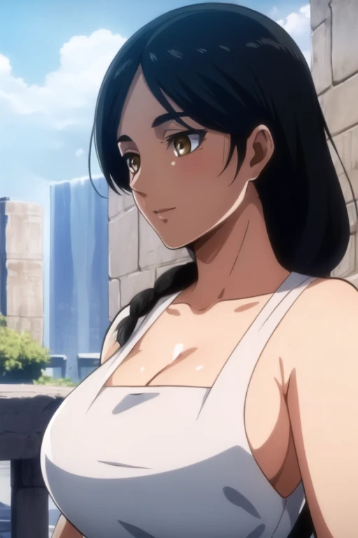 (day:1.7), a city with a lot of buildings and a sky background with clouds in the background and a blue sky, architecture,
Standing at attention, at the roof,
deep cleavage, collarbone, White apron,bare shoulders, 
black Hair,  brown eyes, Bangs, single braid, 
1 girl, 20yo,Young female,Beautiful Finger,Beautiful long legs,Beautiful body,Beautiful Nose,Beautiful character design, perfect eyes, perfect face,expressive eyes,
looking at viewer, in the center of the image,(Upper_body),(close-Up),(Focus on her face),
official art,extremely detailed CG unity 8k wallpaper, perfect lighting,Colorful, Bright_Front_face_Lighting,shiny skin, 
(masterpiece:1.0),(best_quality:1.0), ultra high res,4K,ultra-detailed,
photography, 8K, HDR, highres, absurdres:1.2, Kodak portra 400, film grain, blurry background, bokeh:1.2, lens flare, (vibrant_color:1.2)
(Beautiful,large_Breasts:1.4), (beautiful_face:1.5),(narrow_waist),