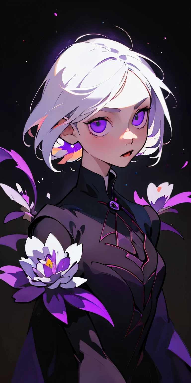 (best quality, masterpiece), 1girl, galaxy, particle, wind, flower, upper body, dark simple background, looking at viewer, white hair, purple eyes, vampire, renaissance