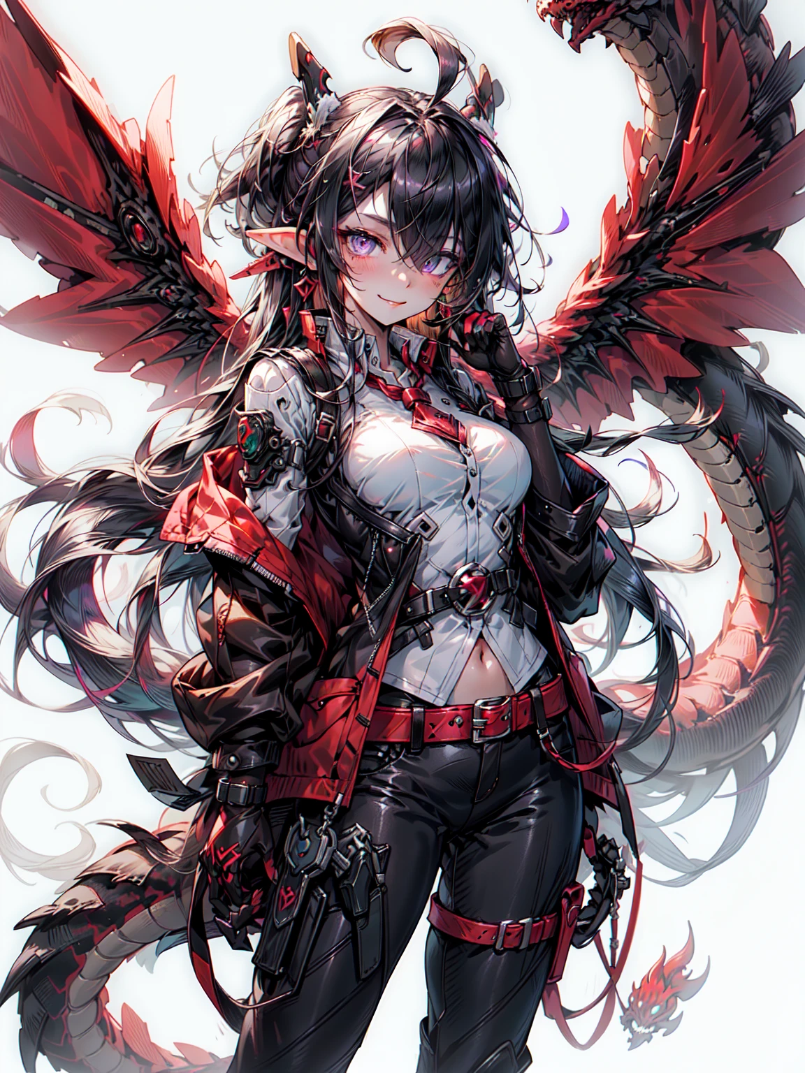 dragon ears, Mecha, mechanical, dragon wings, dragon tail, dragon horn,, ultra be familiar with, masterpiece, highest quality, beautiful, be familiar with,, alone, smug face, 1 girl, purple eyes, (black hair, red color tip:1.2), Red striped hair, とてもlong hair, side ponytail, tied hair, medium breasts,, Dataset, Jacket draped over the shoulder, coat over one&#39;s shoulders, red dress, rolled up sleeves, fingerless gloves, holster, belt, multiple belts, combat boots, bulletproof vest, pants, black coat, tactical clothing, Blake、（dark elf), (1 girl), alone, 優しいsmile、perfect face, get used to it, Ahoge, ((long hair:1.2)), (hair above one eye:1.3), [[messy hair]], Shiny blonde white hair, purple eyes, multicolored eyes, 色ful hair, shining eyes, (eyelash, eye shadow, pink eye shadow), bright, smile, design art by Mikimoto Haruhiko, by Kawashi, By Yoshitaka Amano, （black skin）