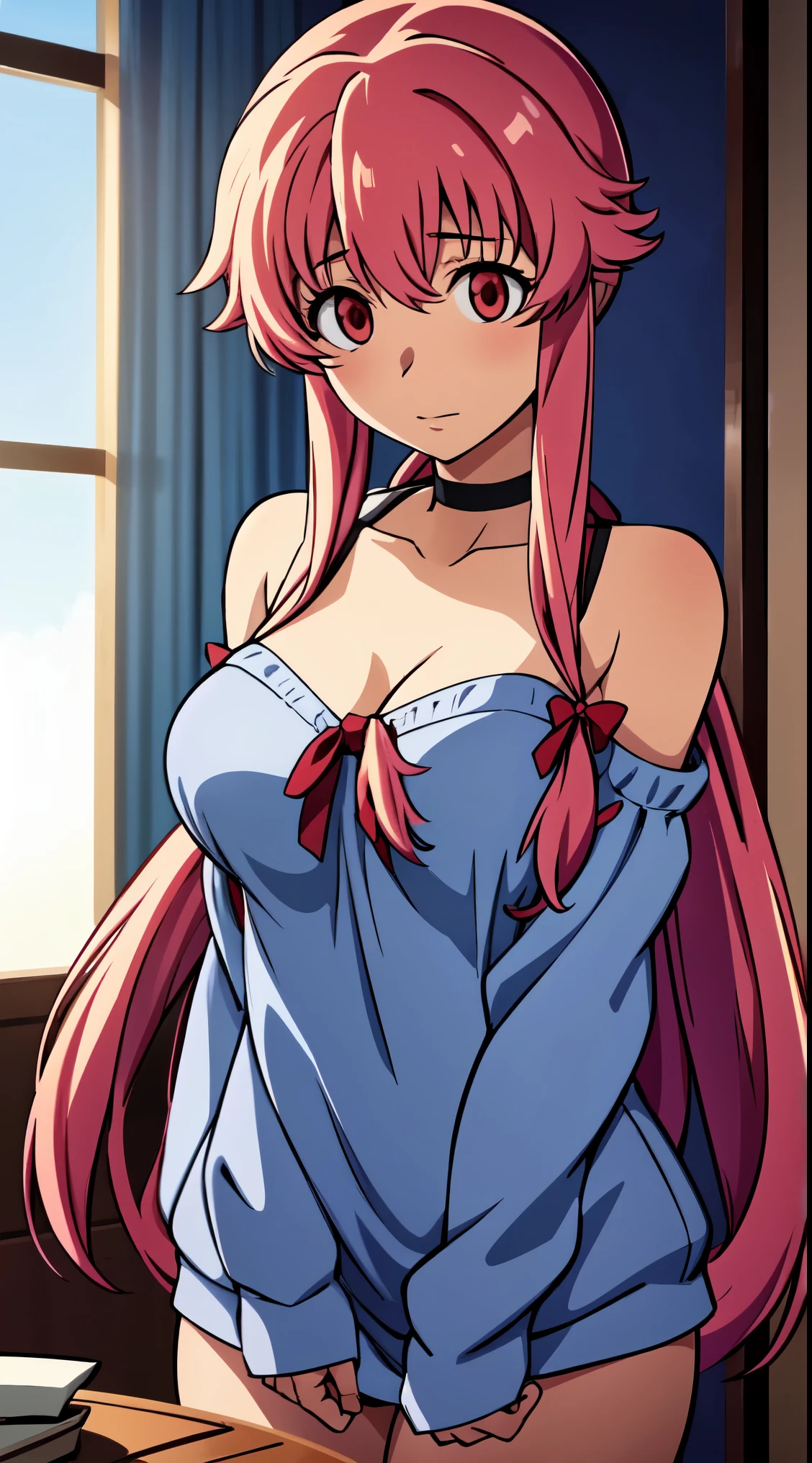 In this scene, Yuno Gasai is depicted relaxing in her living room as the sun rises, casting a warm golden light through the window. Wearing an off-the-shoulder sweater and a black choker, she appears comfortable and at ease in her own space. This description paints a serene image of Yuno enjoying the early morning, perhaps reflecting on her thoughts or simply appreciating the beauty of the day's beginning. (large breasts:1.1), red eyes,