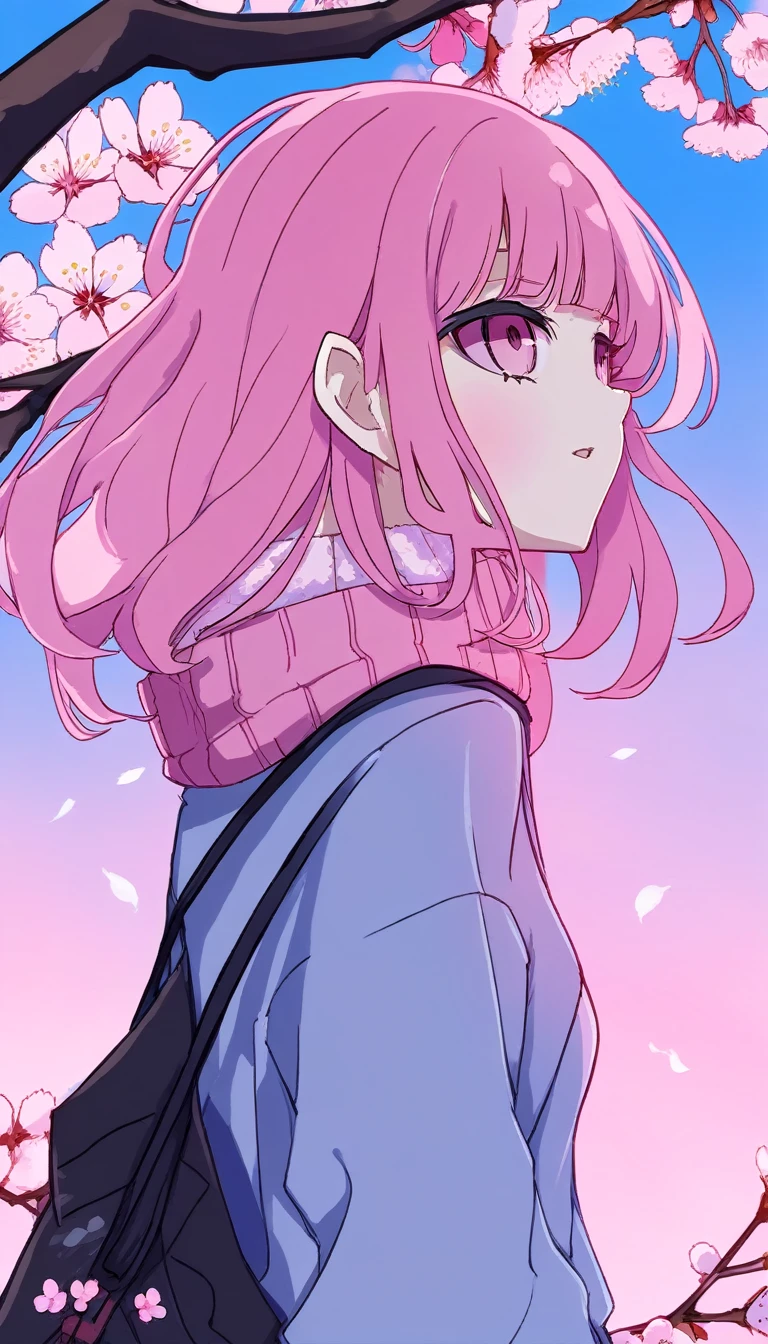 illustrator, anime , realistic ,sketch , 1 girl, sweater,order, pink and blue sky background, hair,Textured Trim,  (masterpiece,highest quality) Good luck,Half of the screen is cherry blossoms,deep pink cherry blossoms,ink painting