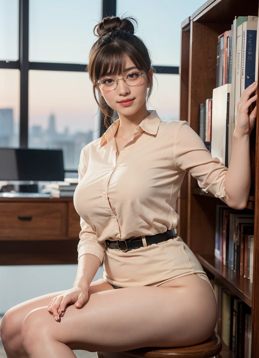 (((neat woman, hide,Bright-eyed excitement,shy smile,blush,blush,red cheek,please touch me,tempting viewer,i want you))),(sitting down on the metal desk,spread the legs apart,navy panties),((((blush,red cheek,sweat)))),(cinematic lighting), (Photo real:1.4)、(A hyper-realistic:1.4)、(Photorealistic:1.3)、 (gentle lighting: 1.05)、(Improve the lighting quality of your video:0.9)、 32k、25years old woman、photorealistic lighting、Back lighting、Facial Lights、Ray Trace、(bright:1.2)、(Increase quality:1.4)、 (best quality real texture skin)、Fair eyes,delicate face、 Close-up of the face, ((Wearing the beige librarian uniform,librarian,navy panties,high-heel),(Bodyline mood improvement:1.1)、Glossy skin、korean idol、Nogizaka Idol、good figure,perfect anatomy,Beautiful actress,(((beautiful large breasts,slender waist,slender hip,long slender legs,8heads tall))),(((8heads tall))),(((brown hair bun,curtain bangs))),(((in the beautiful modern office of library,super clean night view,in the night))),