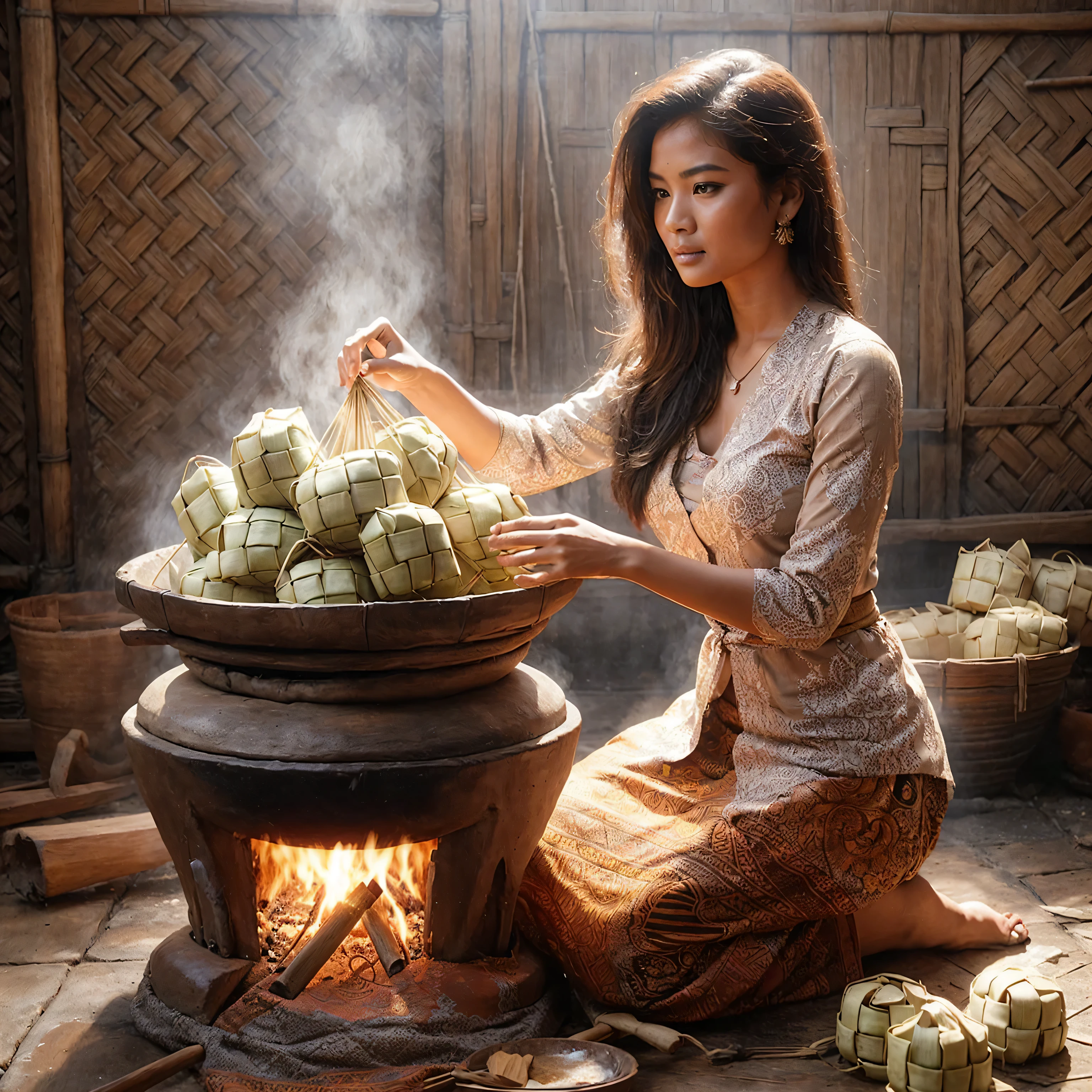 Realistic depiction of a beautiful woman
Indonesia, cooks Ketupat in an ancient wood-fired stove with an earthen base. On the stove there is a large pot made of clay containing ketupat,
He is sitting in a kebaya, with batik clothes underneath. The background is a wall made of woven bamboo.