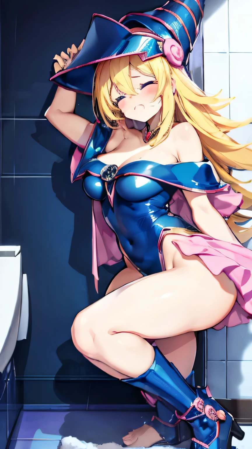 Black Magician Girl、super breasts、thick thighs、blonde hair、magic circle、8K, 4k, highest quality, High resolution: 1.2),winking、cute anime face、Pink blush on cheeks、noise removal、Leotard that bites into、have a cane、Hold your cane、Rear view、Turning around、full body portrait、T-back that digs into your butt、Glowing green eyes、Laughter,，[[Delicate fingers and hands：0.55]：：0.85]，（Finger details）， （Woman stretches her right hand：1.7），fingering，（juice：1.2）），Embarrassed expression、The expression on your face when you can&#39;t bear to go to the toilet，（Sexual pleasure expression：1.4），（pained expression：1.2），close eyes，sexy look，look up
