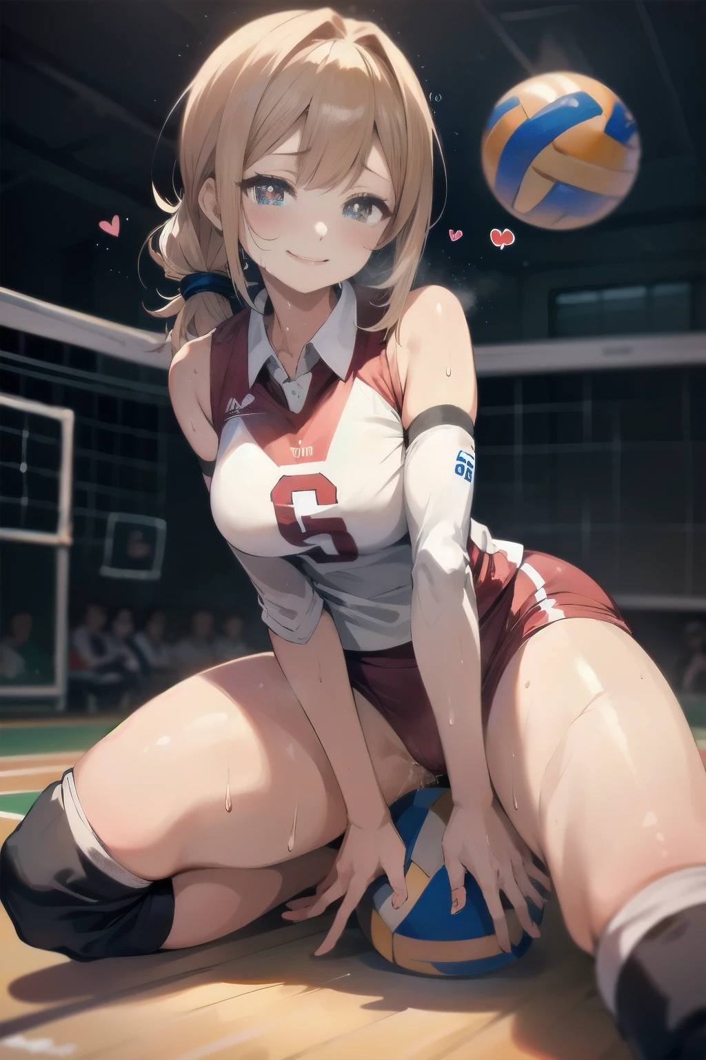 unity 8k wallpaper, anatomically correct, (((masterpiece))), (((best quality))), (((ultra detailed))), (((high-resolution))), ((Ultimate cutie)), perfect hands, perfect finger, (((good anatomy))), detailed beautiful face, shiny hair, (((gyaru))), (potbelly), (curvy), medium breasts, ((Thick thighs)), (((solo))), ((seductive smile)), (((blush))), (Eyes are heart marks), (heart shaped pupils), ((trembling)),
BREAK, (((sit astride the perfectly spherical shape 6-inch volleyball))), (((Straddling a perfectly spherical 6" volleyball))), (((Perfectly spherical 6" volleyball fits perfectly crotch))), BREAK, (((Rub the Perfectly spherical 6" volleyball against crotch))), (masturbation),
BREAK, adidas, (Collared volleyball uniforms), sleeveless, ((buruma)), ((kneepad)), ((pussy juice stained)), (elbow pad), (((sweat))), (((covered in sweat))), ((deep breathing)), in Volleyball Court, indoor, lighting, looking at viewer, full body, (spoken heart)