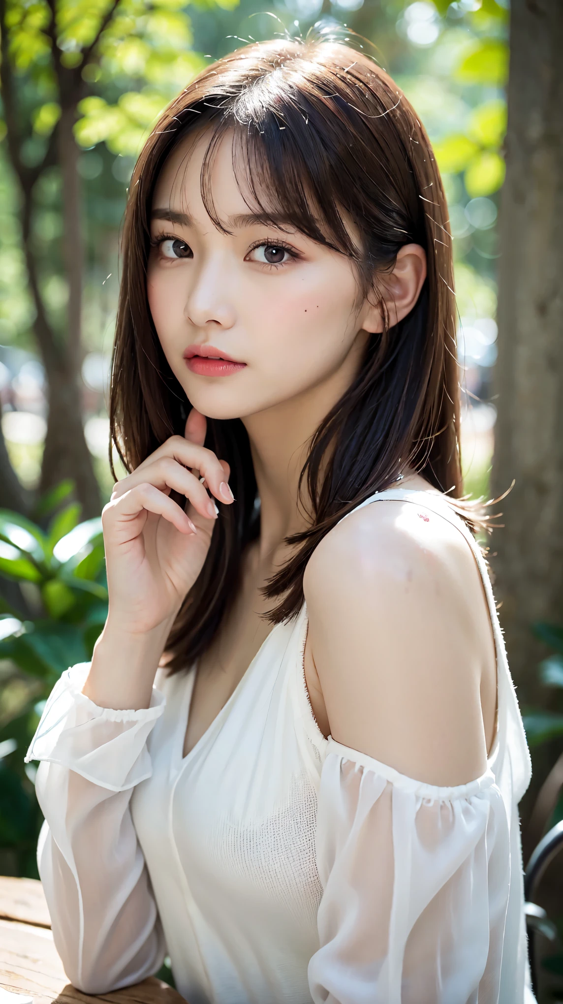 1 female, close up of face, medium chest, light brown hair, dull bangs, hair behind the ear, hair on shoulders, long hair, slender body shape, Ultra fine face, thin face, delicate lips, beautiful eyes, light blush, eyes are light brown, perfect shiny skin, perfect skin, Shining sweat,watch here, ultra thin hands, extra thin fingers, Optimal ratio of 4 fingers and 1 thumb, (realistic:1.3), finger Extensions, see-through white blouse. broad-leaved forest, one person&#39;s perspective, fuji film, f/1.2, 8K, table top, nffsw, Super detailed, high quality, 最high quality, High resolution,