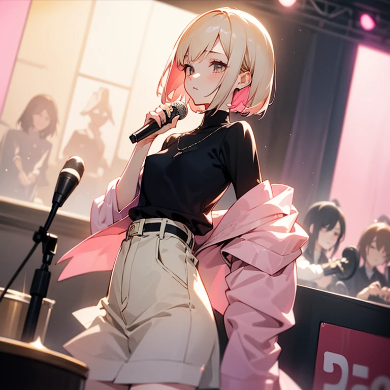 beautiful girl、Lively look、Slender and delicate、small breasts、cool girl、live house、Live Scene、Rock band vocalist、high layer cut、short bob、Cream-colored hair with a slight pink tint、Casual and boyish fashion、Oversized Fashion、