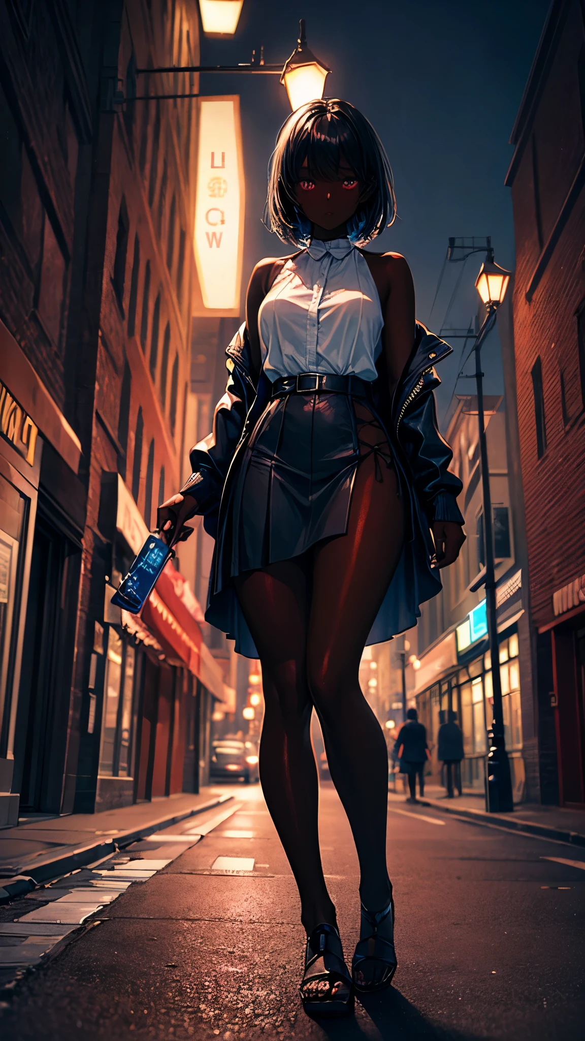 mysterious girl, dark skin, scantily dressed, streetlight, night city