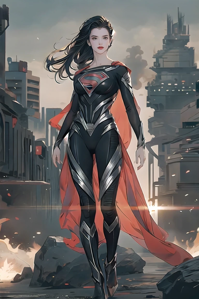 Action shots of M1lly4c0k2222 ((Wearing a sexy and revealing black and silver version of Superman suit Man of Steel)), Big breasts, Toned body, (The explosion in the background is a city in ruins), Style-BladeRunner2049-8v Intricate, high detail, sharp focus, dramatic, ((lifelike))