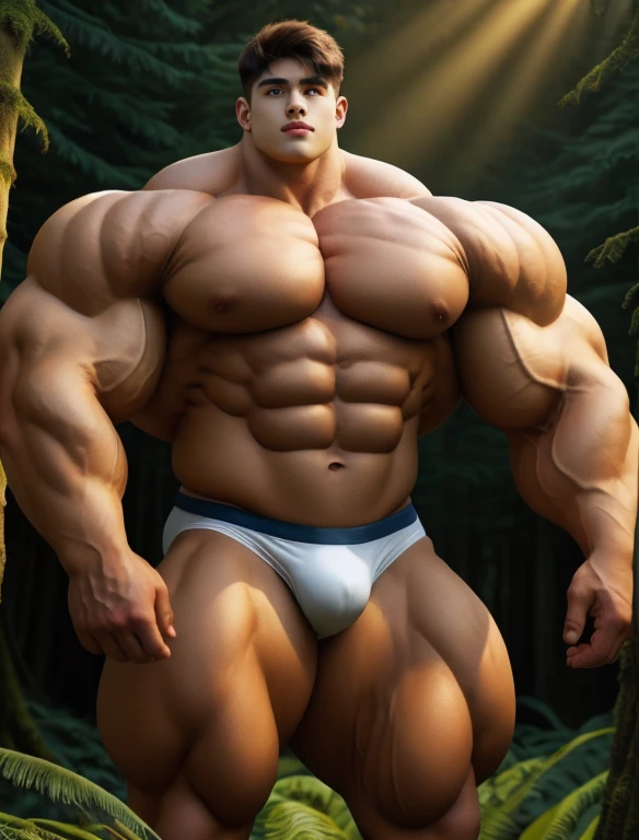 1boy, giant, model shoot style, looking at viewer, standing, illuminating light, golden hour, outdoor, strong body, bulk, massive body, large size, brown skin, standing, in the forest, white triangular underwear, prominent bulge, brutalmass