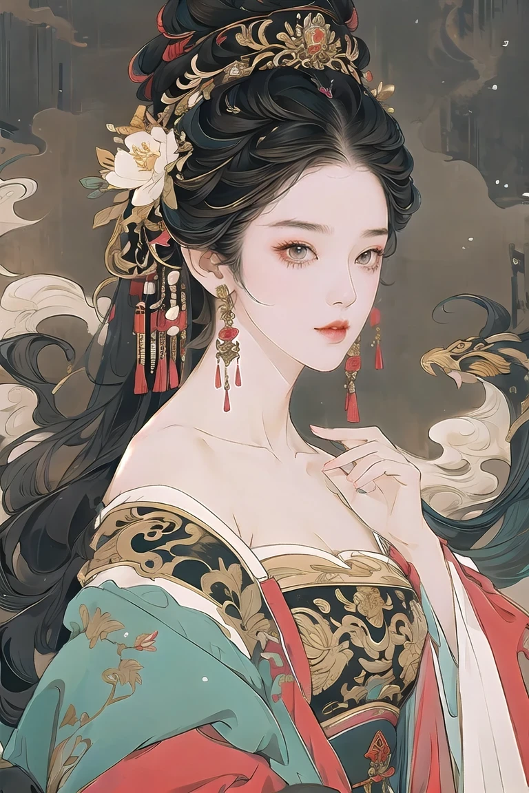 guofeng,Illustrated,black eyes,long hair,multiple colors,high definition,Rich in intricate details,8K,illustration,crazy colors,off shoulder, 1girl,chinese