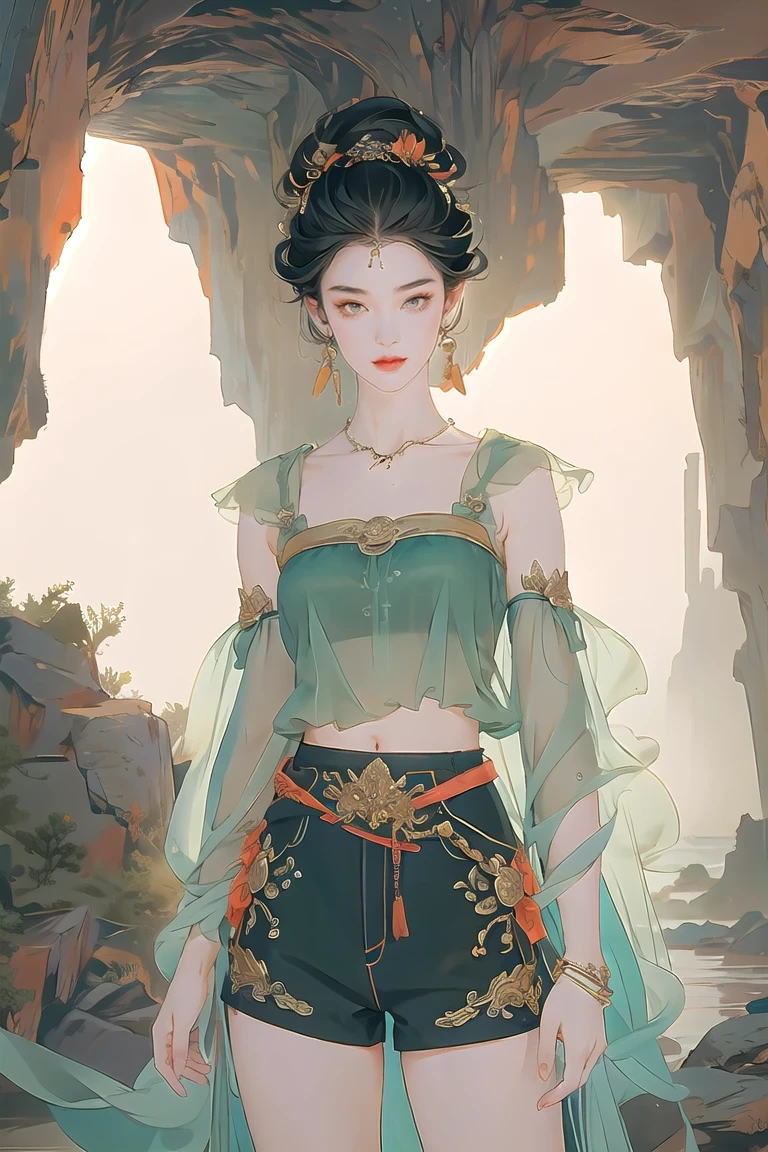 Bright lens: 1.3), epic reality, yellow eyes, teenage attacker, (a girl), Light gray opaque short-sleeved top, Transparent fabric at waist, wavy hair 1.4, (dark blue hair), short hair, Dark blue and orange color scheme, (light green shorts), The aesthetics of the wasteland and canyons!!! n ruins, Soft movie lighting, Adobe Lightroom, darkroom, high dynamic range, complex, Green bracelet on the arm, straps from red thrings over Transparent fabric at waist, thong under shorts