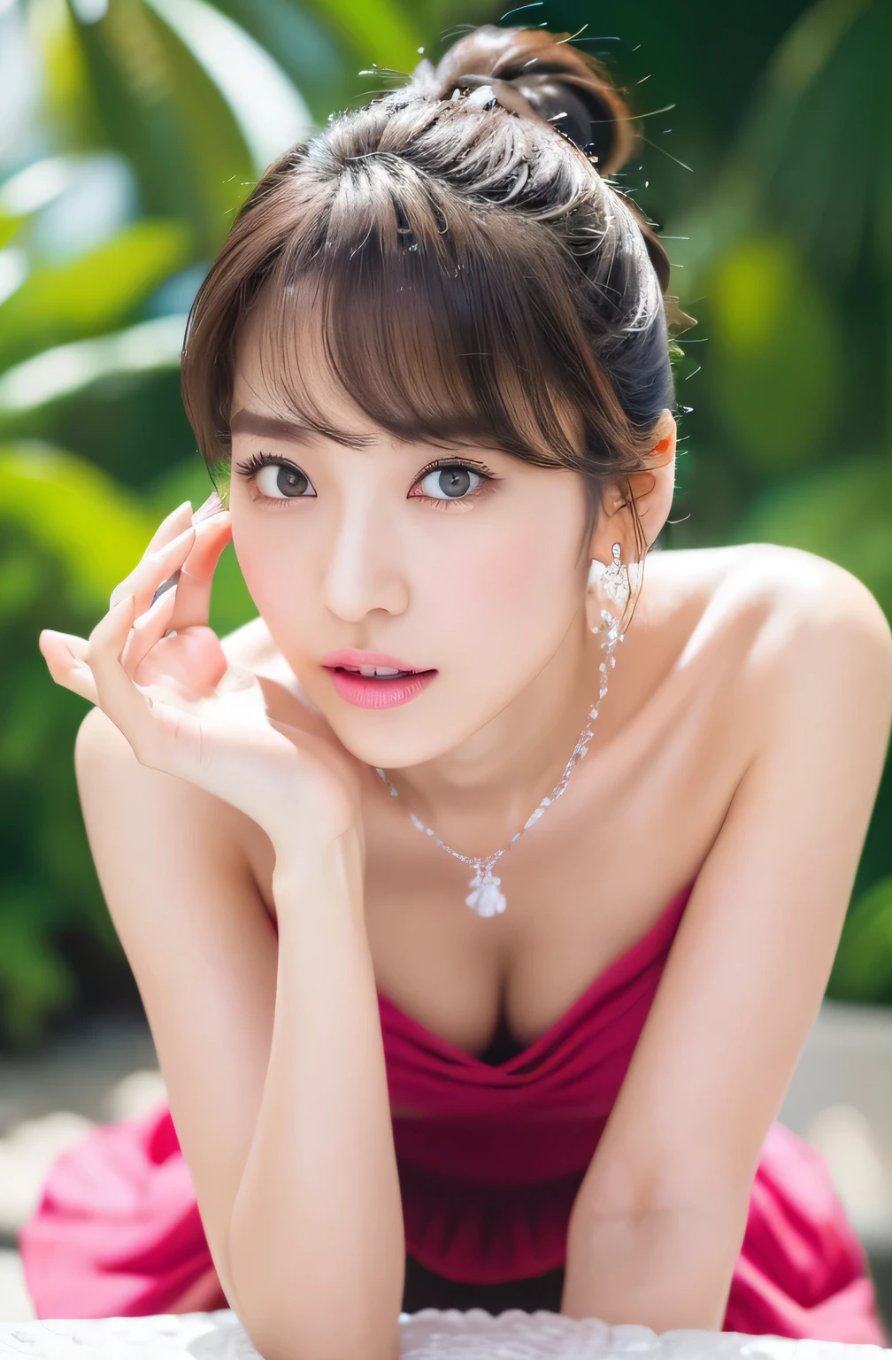 (highest quality, 4k, masterpiece :1.3), 
sharp focus, shallow depth of field, Bright colors, professional level, 
20-year-old, 1 person, (Half Japanese and German woman）, The face of a famous Japanese actress, 
Supple body :1.3, model body shape:1.5, perfect style：1.4, 
narrow shoulders, beautiful clavicle, long and thin legs, 
delicate body shape, The beauty of slim abs :1.2, thin waist :1.2, 
super detailed skin, Fair skin, Shiny skin, super detailed face, 
slim facial contour, beautiful small face, Beautiful lined nose, 
super detailed eyes, long slit eyes, brown eyes, double eyelid, Beautiful thin eyebrows, fine long eyelashes, 
super detailed lips, plump lips, glossy pink lips, flushed cheeks, beautiful teeth, 
Beautiful actress&#39;s ennui makeup, pink lipstick, 
dark brown hair, delicate soft hair, 
(hair up, medium short hair, ponytail:1.2), 
layer cut, (dull bangs:1.2), 
(stylish looking earrings,necklace,bracelet,shiny nail art:1.2), 
cute smile, open mouth half way, Enchanted expression, ((Staring at the viewer)), 
(((photorealism,Shoot the whole body from the thighs:1.5))), ((The body is facing sideways)), 
Photographed directly from the front, dynamic lighting, 

(Dress up in a tight green polka dot dress:1.2), 

((The crystal clear waters of a tropical resort, Immerse yourself in water up to your waist:1.2)), 
The midsummer sun shines on the whole, 