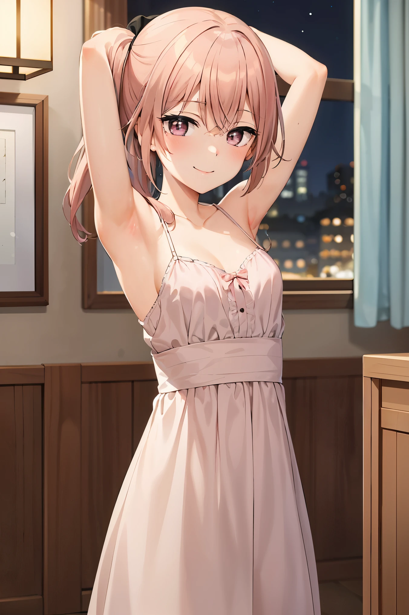 best quality, (masterpiece:1.2), detailed, inui sajuna juju, 1girl, solo, closed mouth, smile, blush, small breasts pink hair, pink eyes, long hair, side ponytail, pink dress, collarbone, spaghetti strap, looking at the viewer, armpits indoors, room, , night