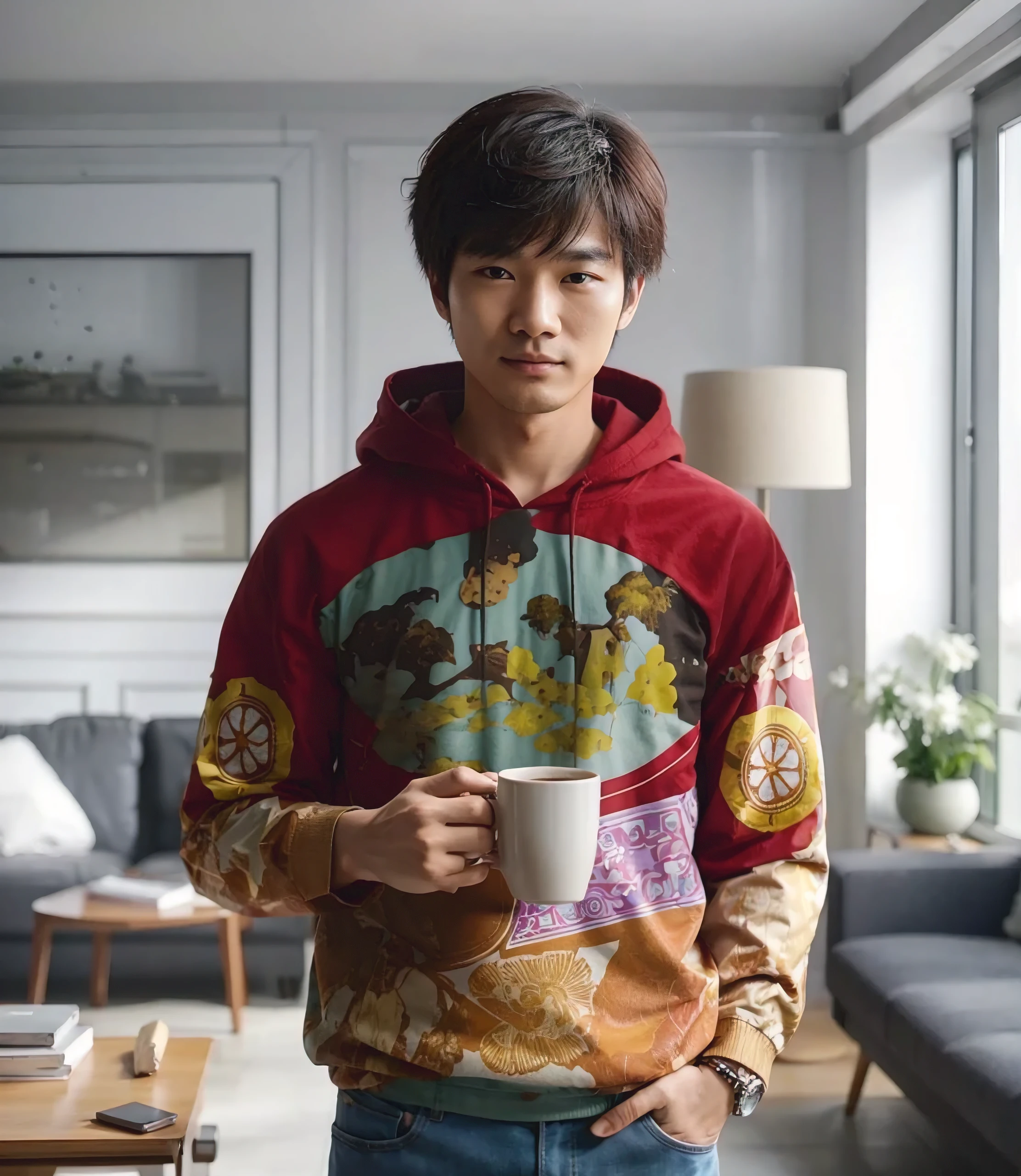 Long shot, korean man standing holding a coffe, facing the camera