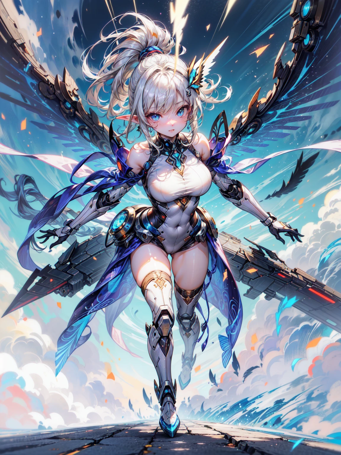 (masterpiece、 highest quality, wonderful, very detailedティッカーユニティ、8k wallpaper, Depth of written boundary, Ultra-fine illustration:1.5)、。.。.。.。.3D, very detailed, (Full body Esbian、Mecha elf girl:1.3), sci-fi battlefield, Hawken, shy smile, open your mouth、short ponytail hair, (white blonde hair, deep blue eyes:1.2), sparkling eyes, Embarrassingly cute face, cute, big breasts, delicate hair, messy hair, (((flying high in the sky))、blue and wide sky, White cloud), shiny hair, shiny skin, (Symmetrical mechanical winetallic colored mechanical wings that are widely expanded to the left and right so that they protrude wonderfully from the screen, bite, white hair ornament), (particles of light, cinematic lighting: 1.3), (pale pink lips: 0.8), by Yusuke Murata.