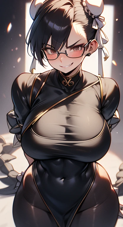 solo, masterpiece, best quality, agrias, grey sweater, black leotard, standing, looking at viewer, short hair,oculos,evil smile, evil look, chun li,luvas preta,roupa azul,yandere rosto,low lighting,coxa sarada
