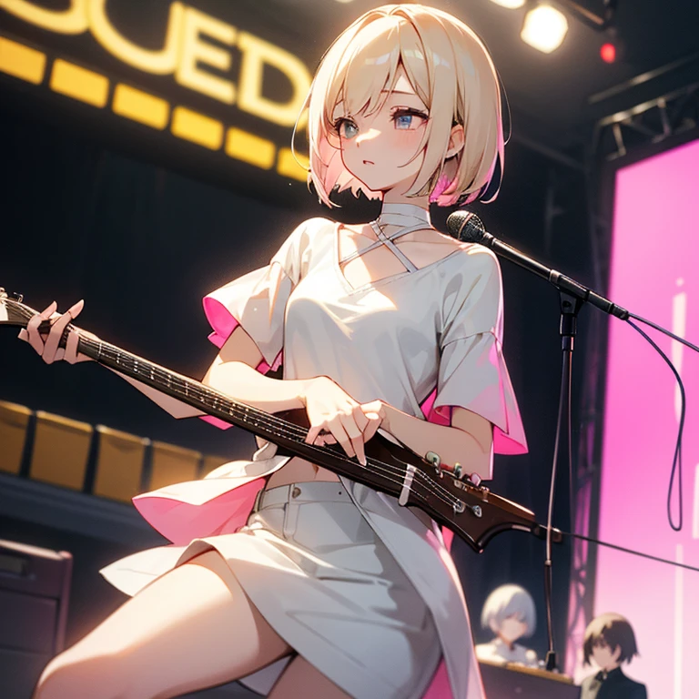beautiful girl、Lively look、Slender and delicate、small breasts、cool girl、live house、Live Scene、Rock band vocalist、high layer cut、short bob、Cream-colored hair with a slight pink tint、Casual and boyish fashion、Oversized Fashion、