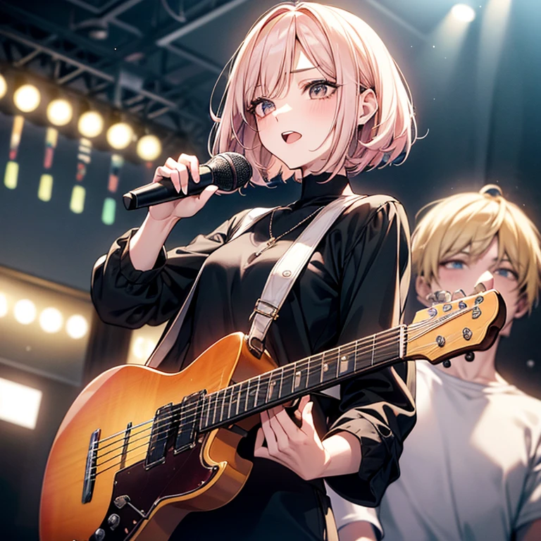 beautiful girl、Lively look、Man wins、cool、boyish、enthusiastic singing、Slender and delicate、small breasts、cool girl、live house、Live Scene、band vocalist、High Layered Bob、Cream-colored hair with a slight pink tint、Black clothing、rock band、casual fashion、boyishなファッション、Oversized Fashion、