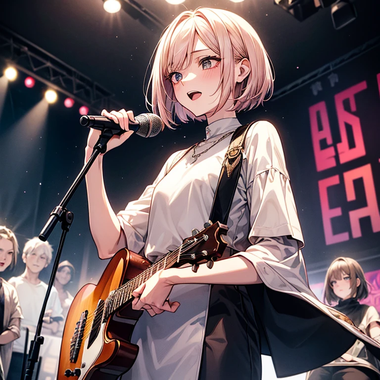beautiful girl、Lively look、Man wins、cool、boyish、enthusiastic singing、Slender and delicate、small breasts、cool girl、live house、Live Scene、band vocalist、High Layered Bob、Cream-colored hair with a slight pink tint、Black clothing、rock band、casual fashion、boyishなファッション、Oversized Fashion、