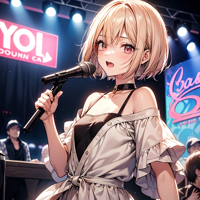 beautiful girl、Lively look、Man wins、cool、boyish、enthusiastic singing、Slender and delicate、small breasts、cool girl、live house、Live Scene、band vocalist、High Layered Bob、Cream-colored hair with a slight pink tint、Black clothing、rock band、casual fashion、boyishなファッション、Oversized Fashion、