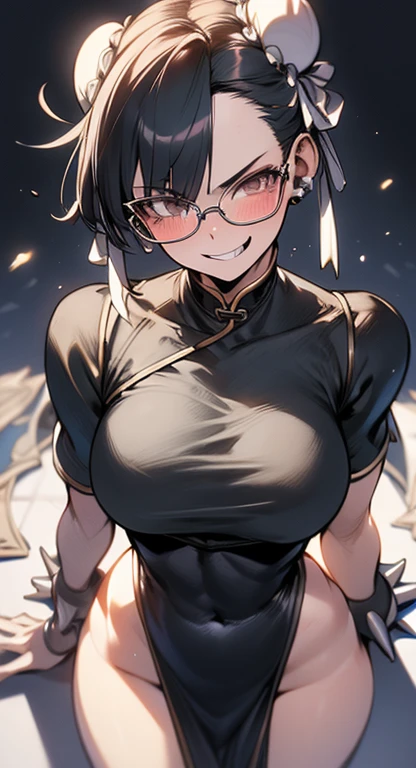 solo, masterpiece, best quality, agrias, grey sweater, black leotard, standing, looking at viewer, short hair,oculos,evil smile, evil look, chun li,luvas preta,roupa azul,yandere rosto,low lighting,coxa sarada