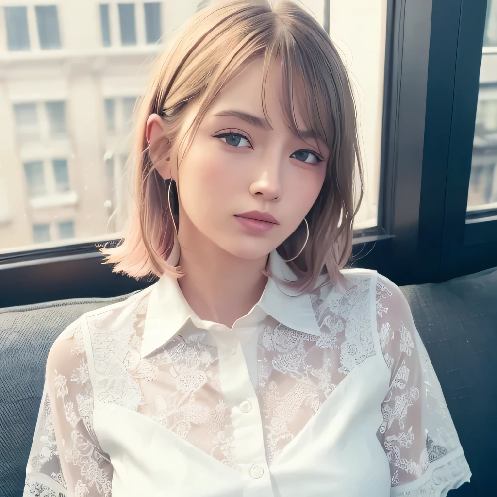 (8K, highest quality, masterpiece: 1.2), (realistic, realistic: 1.37), Super detailed, 23 people, cute, alone, beautiful and detailed sky, Detailed cafe, night, sitting, date, ( blush your nose), (smile: 1.15), (closed mouth) small breasts, fine and beautiful eyes, (collared shirt: 1.1), night, Wet, Business service, rain, white lace, (short hair: 1.2), Floating hair NovaFrogStyle,