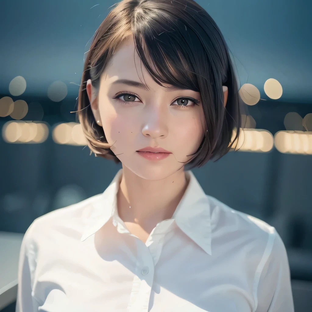 (8K, highest quality, masterpiece: 1.2), (realistic, realistic: 1.37), Super detailed, 23 people, cute, alone, beautiful and detailed sky, Detailed cafe, night, sitting, date, ( blush your nose), (smile: 1.15), (closed mouth) small breasts, fine and beautiful eyes, (collared shirt: 1.1), night, Wet, Business service, rain, white lace, (short hair: 1.2), Floating hair NovaFrogStyle,