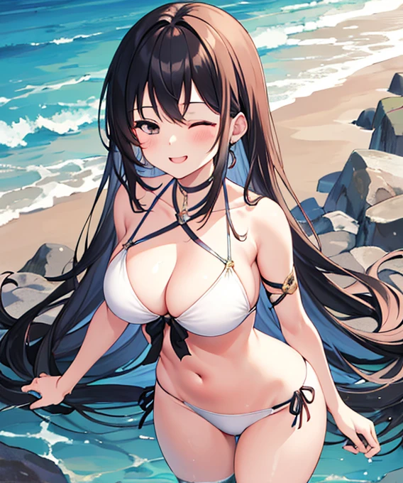 masterpiece, highest quality, High resolution, 1 girl, blush, smile, Girl in white bikini swimsuit, black hair, black eyes, long straight hair, one eye is closed, behind hand, whole body, 