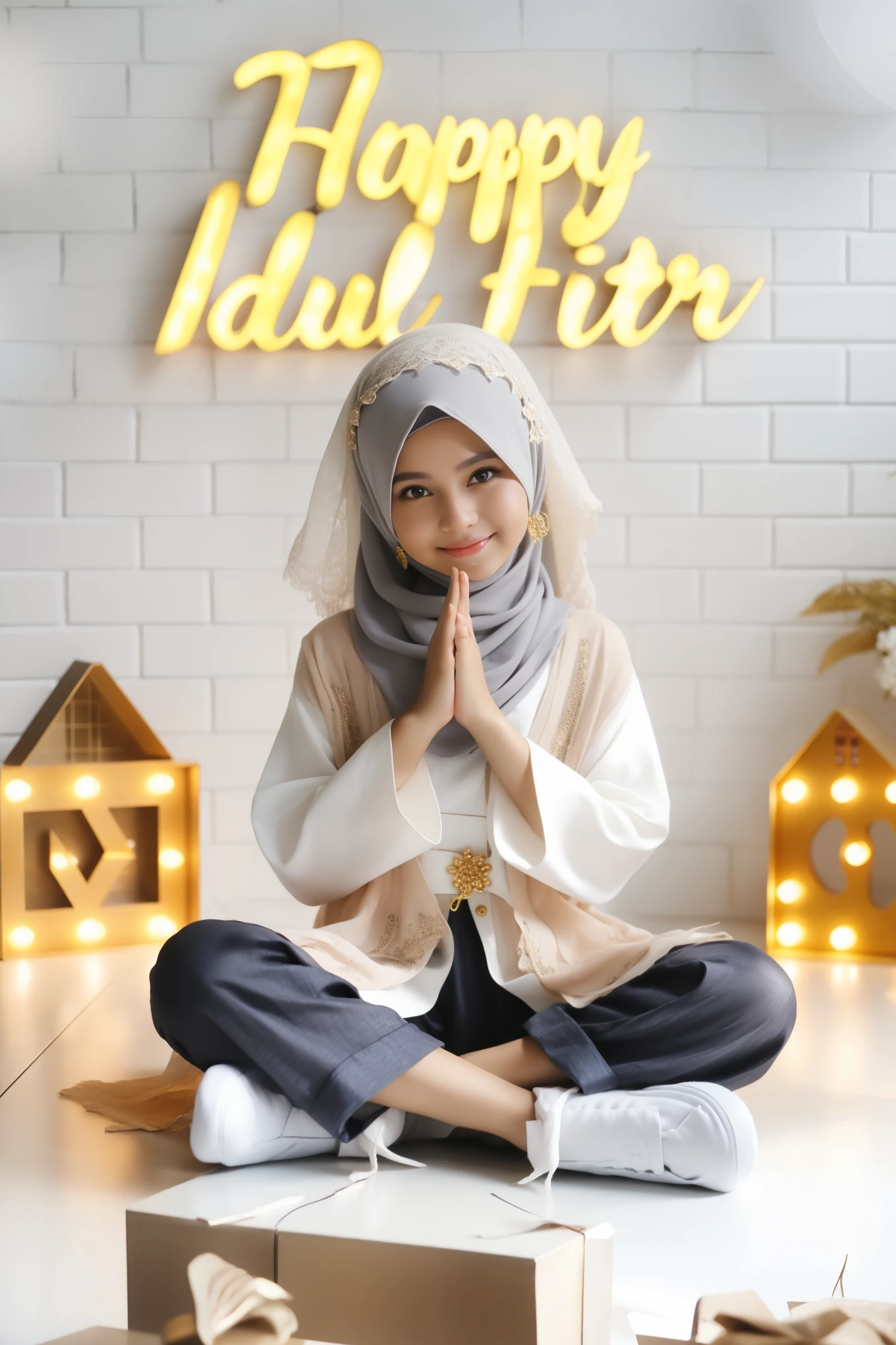 there is a young girl standing in front of a wall with a sign, inspired by Fathi Hassan, inspired by Nazmi Ziya Güran, inspired by Puru, inspired by Lü Ji, hijab, inspired by Mym Tuma, inspired by Naza, inspired by Lily Delissa Joseph, katelynn mini cute style, inspired by Pearl Frush