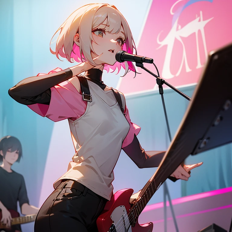 beautiful girl、Lively look、Slender and delicate、small breasts、cool girl、live house、Live Scene、Rock band vocalist、high layer cut、short bob、Cream-colored hair with a slight pink tint、Casual and boyish fashion、Oversized Fashion、